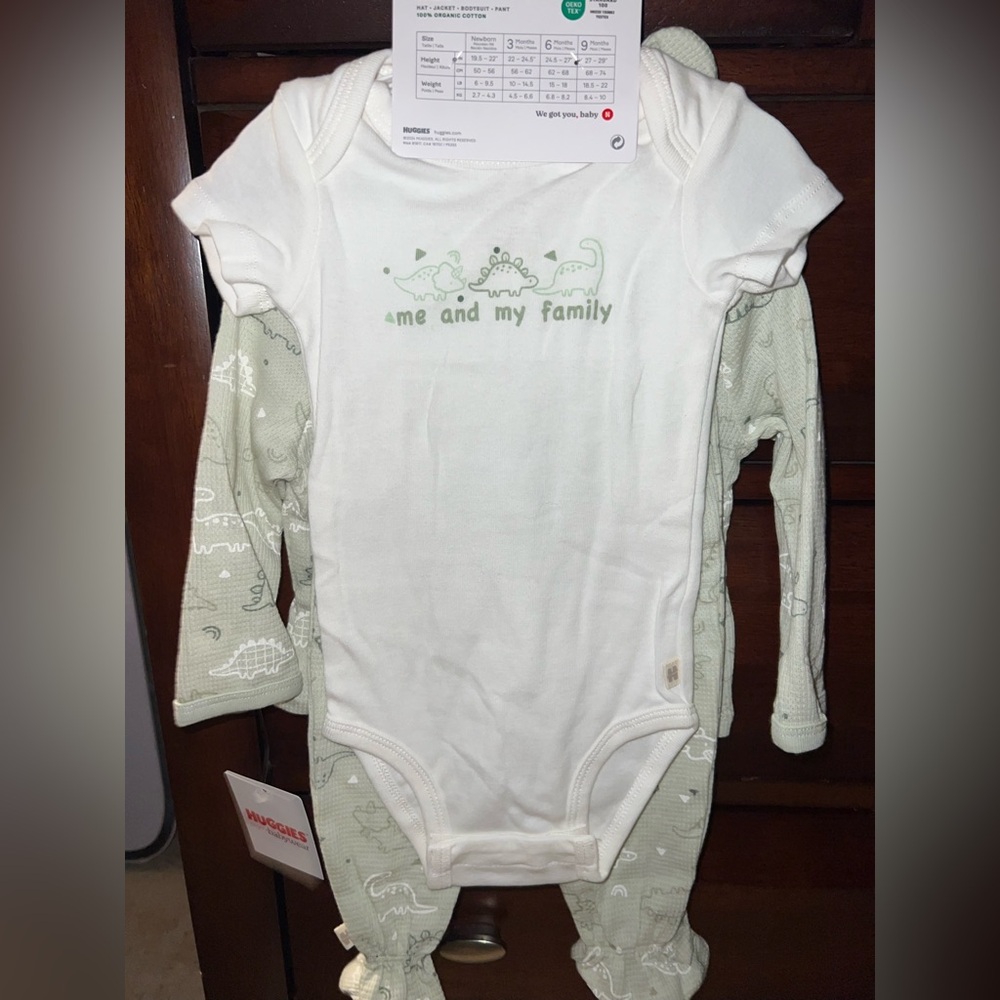 ‼️NWT: HUGGIES Organic 4 Piece Green Dinosaur Outfit - 6 M - Picture 2 of 3